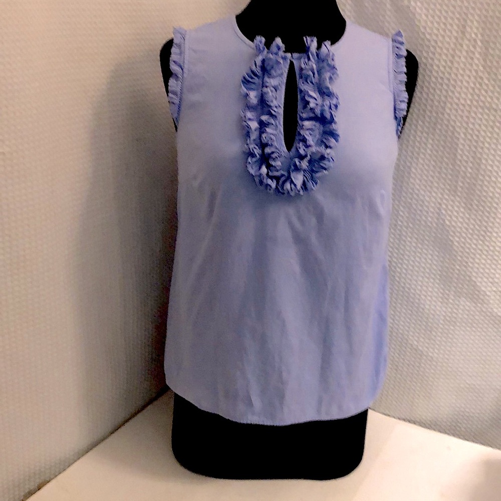J Crew blue sleeveless blouse size 4 ruffles at neck. B9
